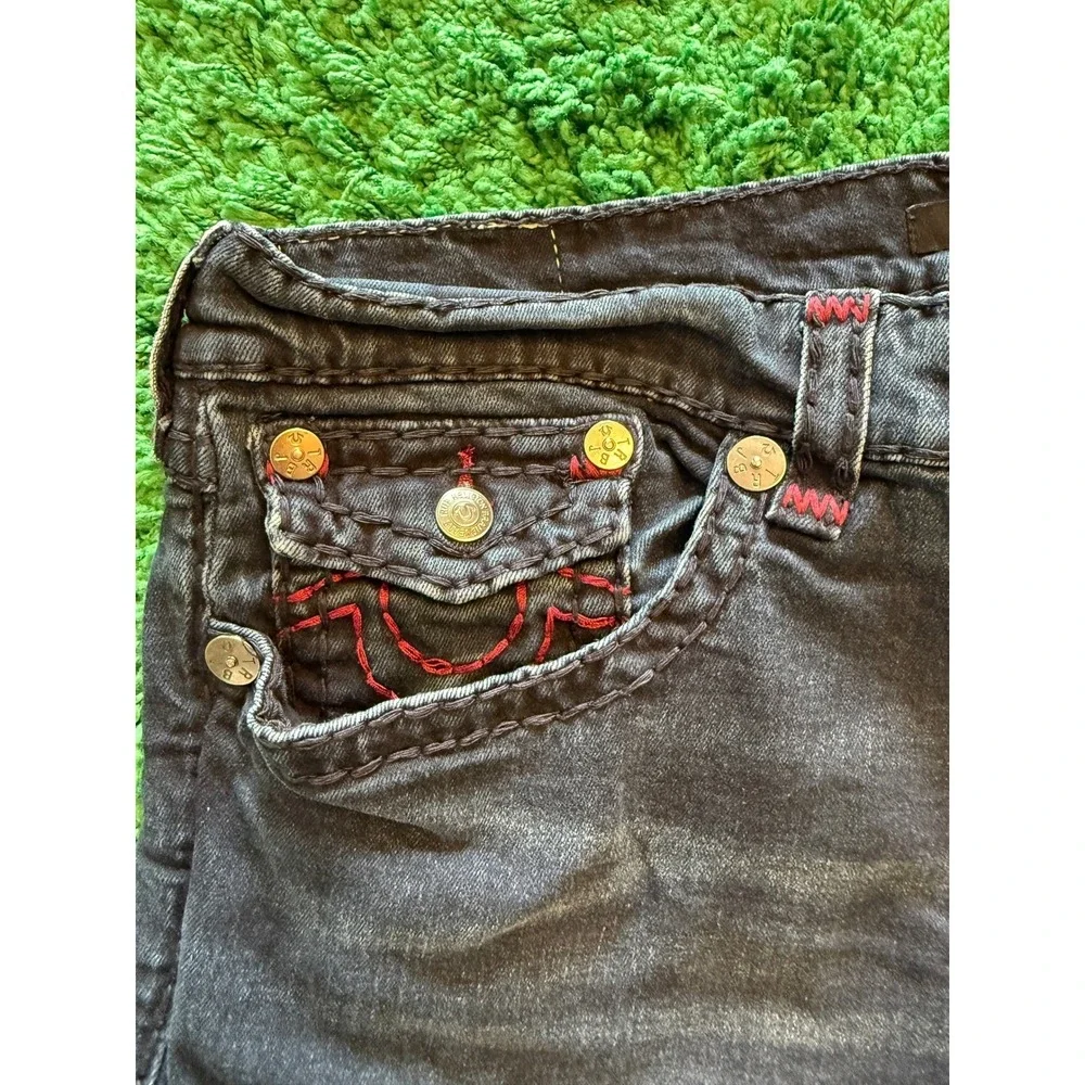 True Religion Geno Jeans Mens 42 Black Excellent Red Stitch Straight Leg Denim